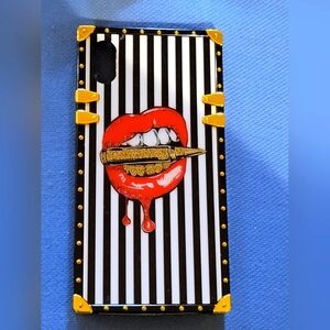 Black and White Striped Phone Case with Red and Green Design